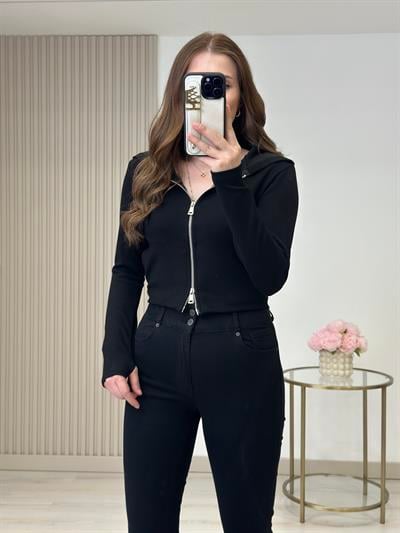 Modal Kumaş Kapşonlu Fermuarlı Bluz Siyah