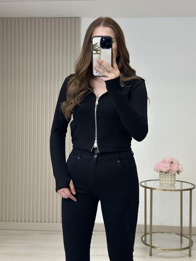 Modal Kumaş Kapşonlu Fermuarlı Bluz Siyah