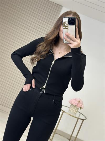 Modal Kumaş Kapşonlu Fermuarlı Bluz Siyah