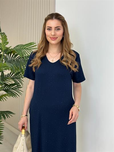Modal Kumaş Taşlı Kısa Kollu Elbise Lacivert
