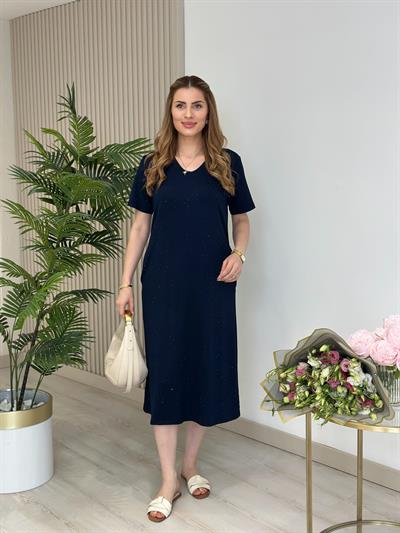 Modal Kumaş Taşlı Kısa Kollu Elbise Lacivert