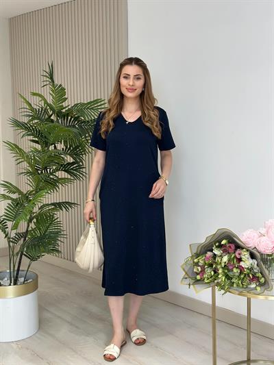 Modal Kumaş Taşlı Kısa Kollu Elbise Lacivert