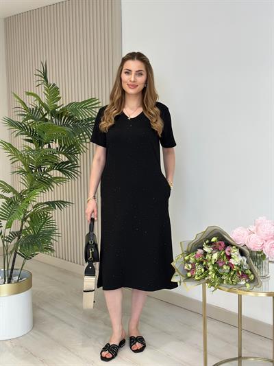 Modal Kumaş Taşlı Kısa Kollu Elbise Siyah