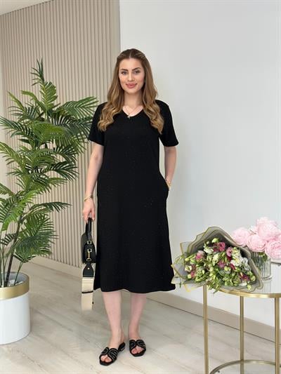 Modal Kumaş Taşlı Kısa Kollu Elbise Siyah