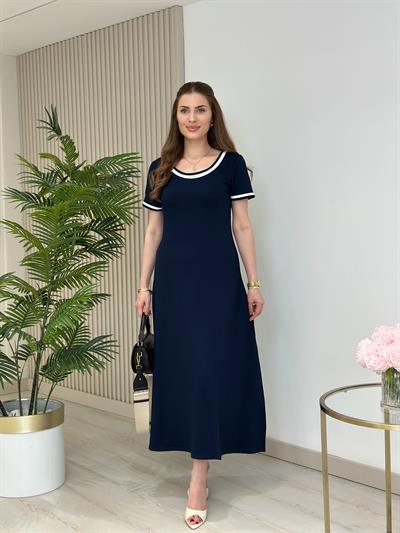 Modal Kumaş U Yaka Yırtmaçlı Elbise Lacivert