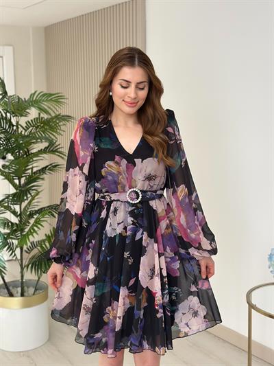 Mor Çiçek Desenli Şifon Kumaş Kemerli Kloş Elbise 