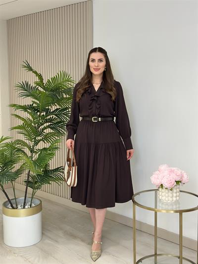 Mssimo Yakası Fırfırlı Düğmeli Beli Lastikli Elbise Acı Kahve 