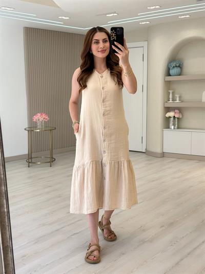 Müslin Kumaş Düğmeli Elbise Bej