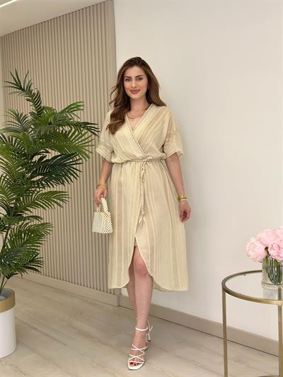 Nakışlı Kumaş Anvelop Elbise Bej