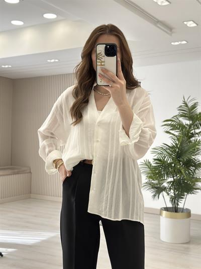 Nakışlı Tensel Kumaş Gömlek Beyaz