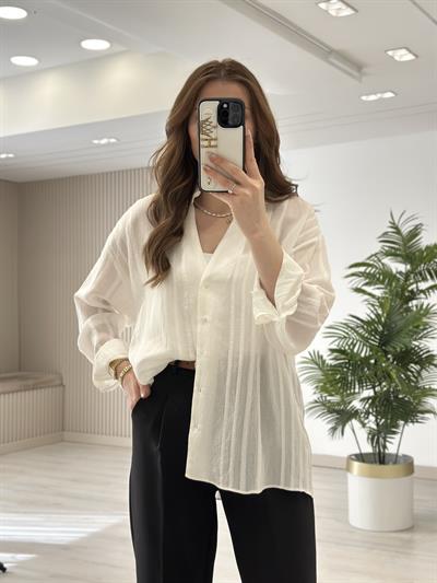 Nakışlı Tensel Kumaş Gömlek Beyaz