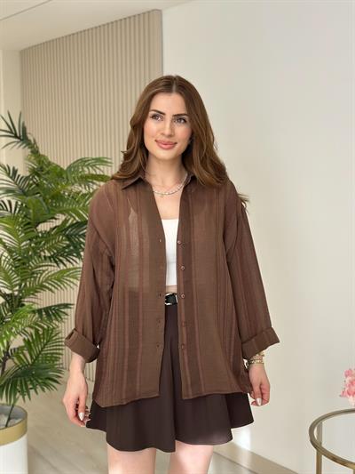 Nakışlı Tensel Kumaş Gömlek Kahve 