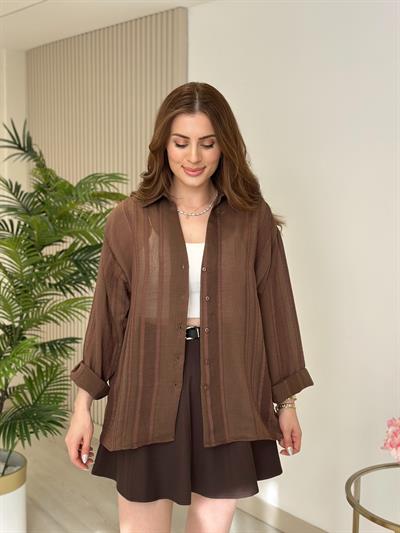 Nakışlı Tensel Kumaş Gömlek Kahve 