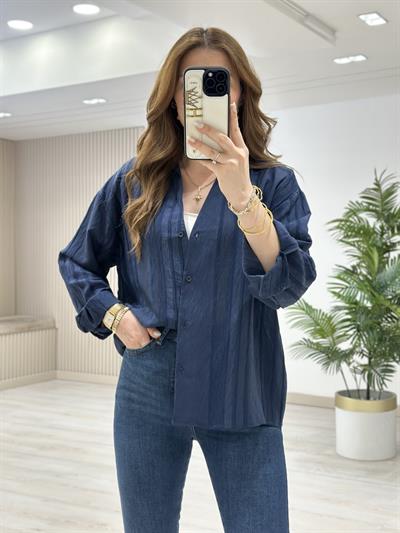 Nakışlı Tensel Kumaş Gömlek Lacivert