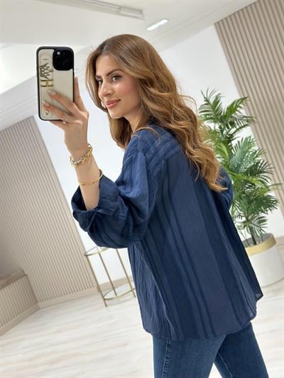 Nakışlı Tensel Kumaş Gömlek Lacivert