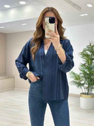 Nakışlı Tensel Kumaş Gömlek Lacivert