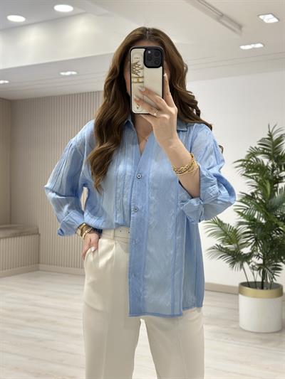 Nakışlı Tensel Kumaş Gömlek Mavi