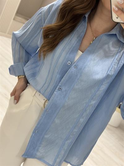 Nakışlı Tensel Kumaş Gömlek Mavi