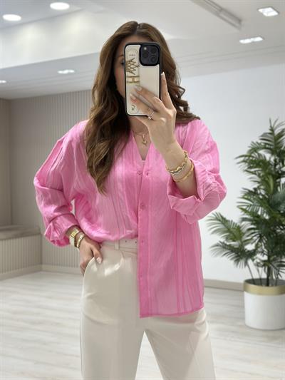 Nakışlı Tensel Kumaş Gömlek Pembe