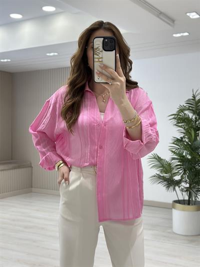 Nakışlı Tensel Kumaş Gömlek Pembe