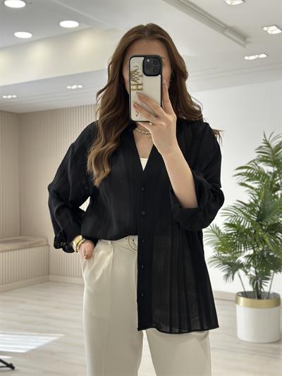 Nakışlı Tensel Kumaş Gömlek Siyah