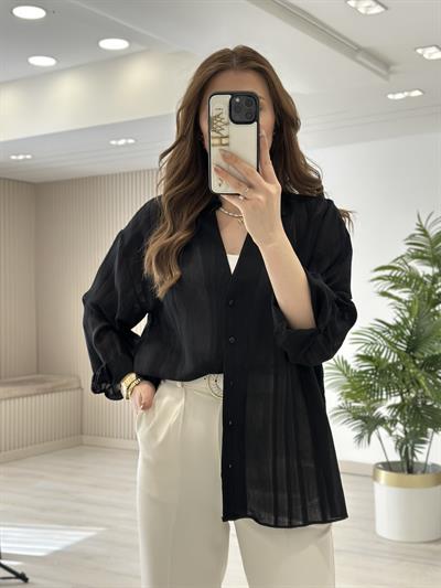 Nakışlı Tensel Kumaş Gömlek Siyah