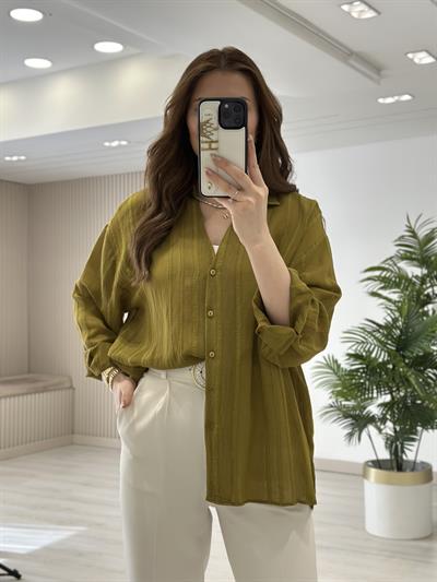 Nakışlı Tensel Kumaş Gömlek Yağ Yeşili