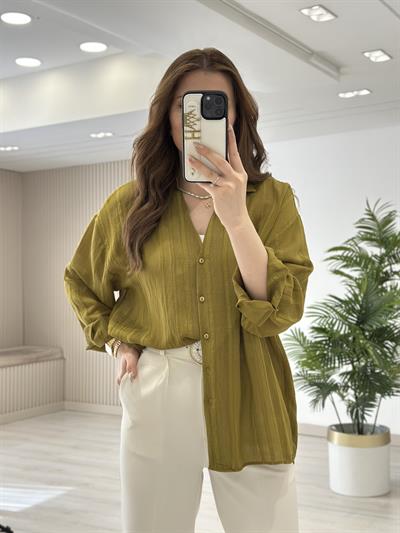 Nakışlı Tensel Kumaş Gömlek Yağ Yeşili