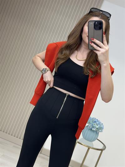 Nano Kumaş Fermuarlı Korseli Siyah Tayt 