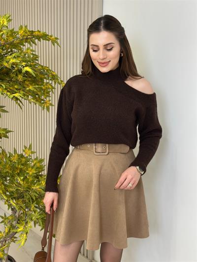 Omuz Dekolteli Premium Yumoş Kazak Acı Kahve