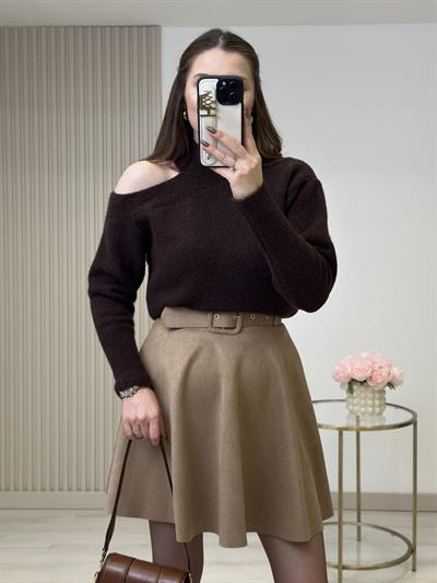 Omuz Dekolteli Premium Yumoş Kazak Acı Kahve