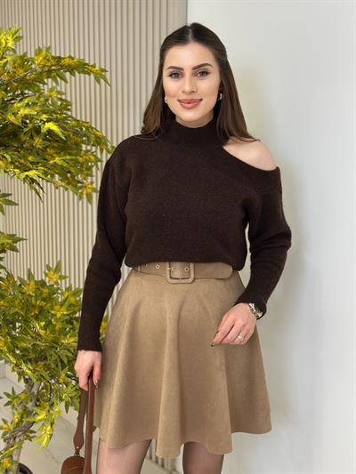 Omuz Dekolteli Premium Yumoş Kazak Acı Kahve