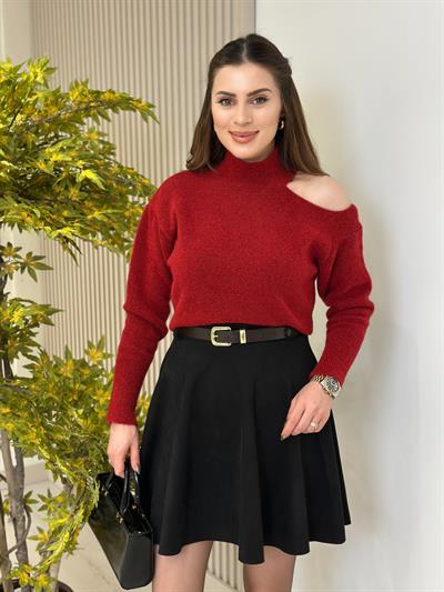 Omuz Dekolteli Premium Yumoş Kazak Kırmızı