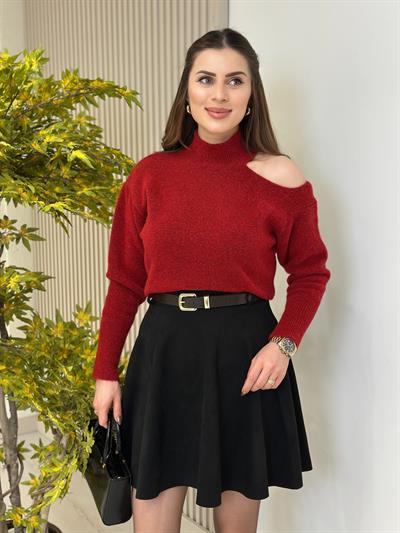 Omuz Dekolteli Premium Yumoş Kazak Kırmızı