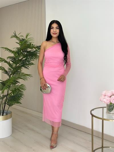 Omuz Dekolteli Taşlı Tül Elbise Pembe