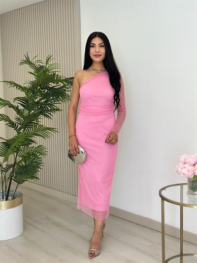 Omuz Dekolteli Taşlı Tül Elbise Pembe