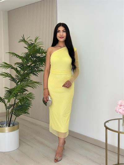 Omuz Dekolteli Taşlı Tül Elbise Sarı