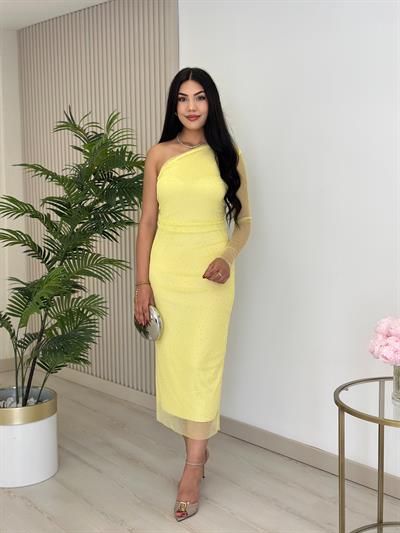 Omuz Dekolteli Taşlı Tül Elbise Sarı