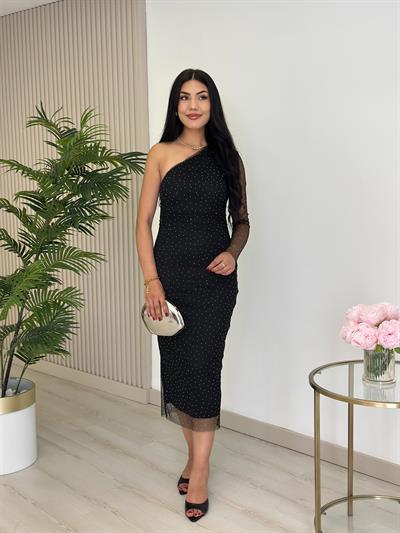 Omuz Dekolteli Taşlı Tül Elbise Siyah