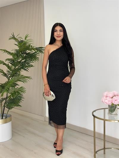 Omuz Dekolteli Taşlı Tül Elbise Siyah