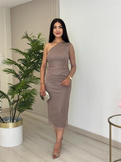 Omuz Dekolteli Taşlı Tül Elbise Vizon