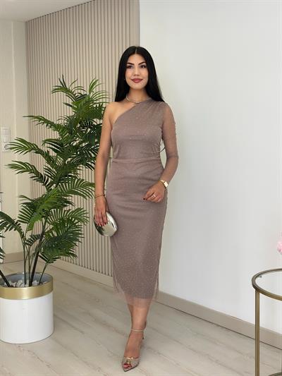 Omuz Dekolteli Taşlı Tül Elbise Vizon