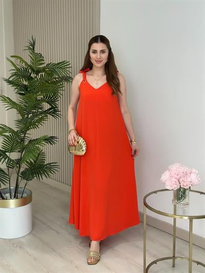 Omuzları Bağlamalı Çan Elbise Turuncu