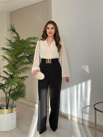 Omuzları Boncuk İşlemeli Premium Bodysuit Bej