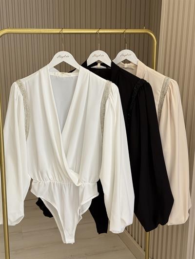 Omuzları Boncuk İşlemeli Premium Bodysuit Bej