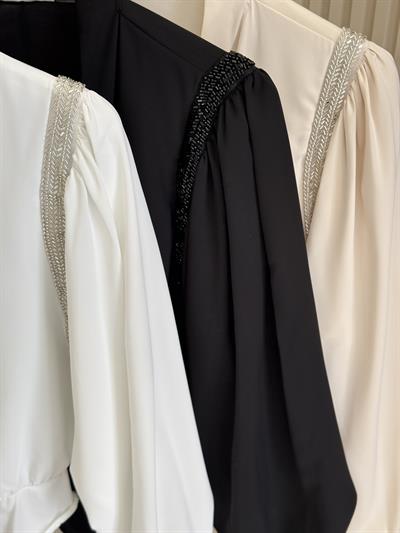 Omuzları Boncuk İşlemeli Premium Bodysuit Siyah