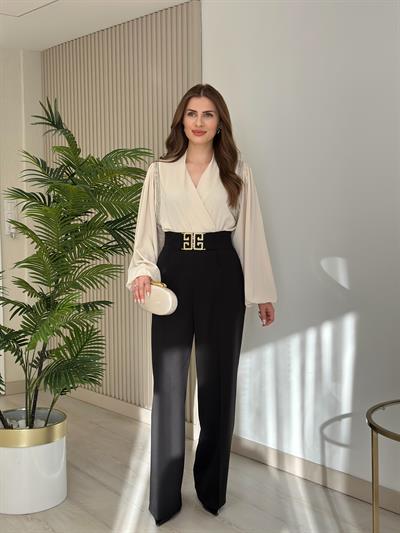 Omuzları Boncuk İşlemeli Premium Bodysuit Bej