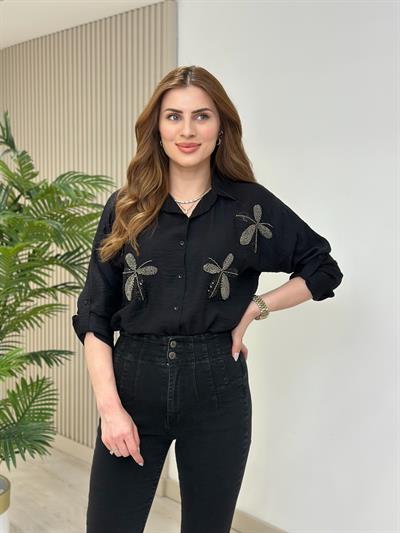 Omuzları Çiçek Boncuk İşlemeli Ayrobin Gömlek Siyah