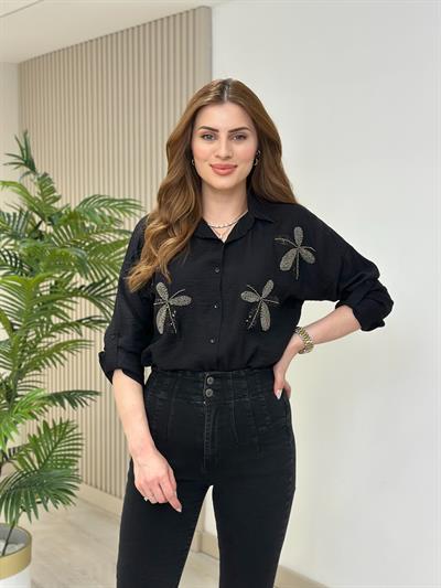 Omuzları Çiçek Boncuk İşlemeli Ayrobin Gömlek Siyah