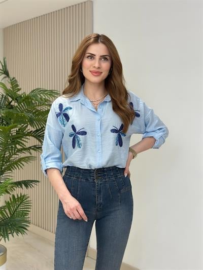 Omuzları Çiçek Boncuk İşlemeli Ayrobin Gömlek Bebe Mavi